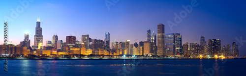 Obraz na płótnie canvas czteroczęściowy "tetraptyk" Panorama panoramę Chicago całej jeziora michigan o zachodzie słońca, il, usa