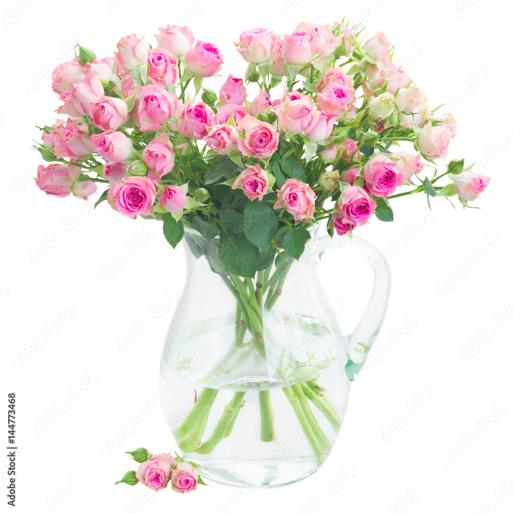 canvas print: bouquet of small pink wild roses in glass vase