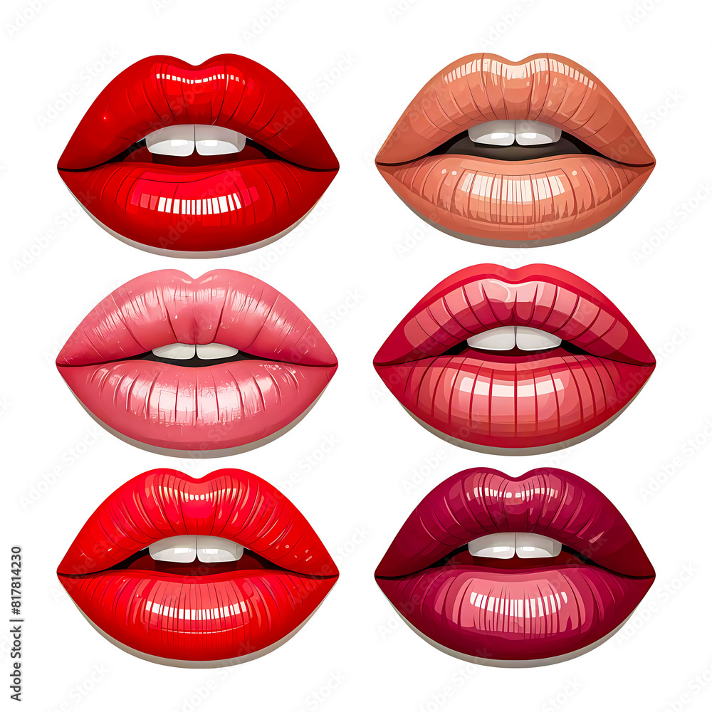 Set Of Sexy Lip Illustrations Vibrant And Glossy Open Mouth Designs Featuring Red Pink Nude