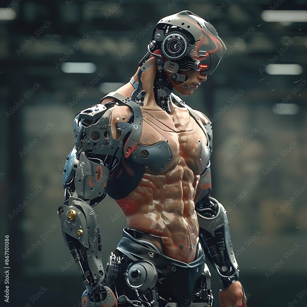 Bodybuilder With Naked Torso With Robot Head Cyborg Robotics New Normal Future Technology