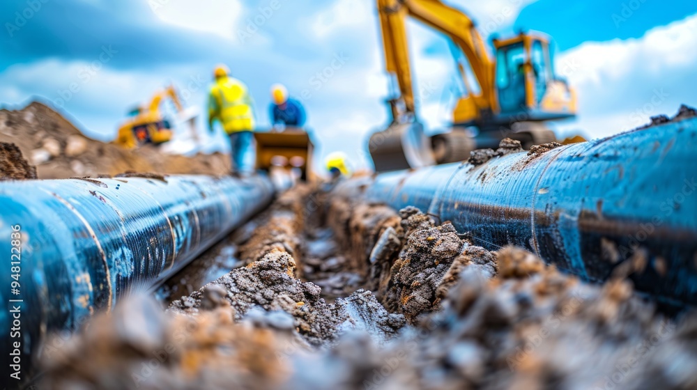 Photo Stock Construction Workers Installing Large Pipes In An