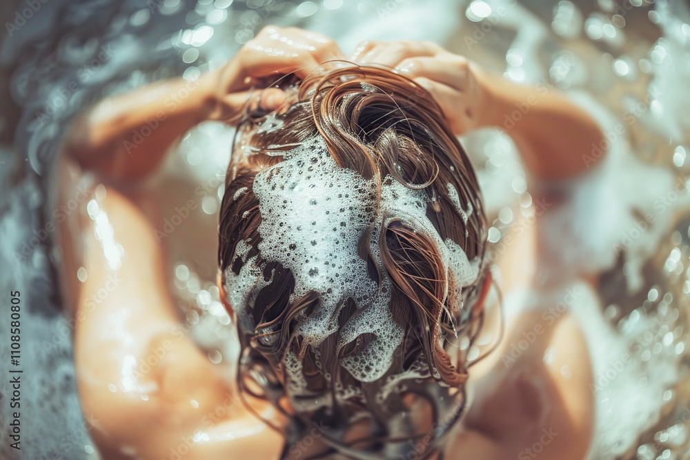 Woman Washes Her Hair With Shampoo Naked Woman With Long Hair Takes A Shower Stock Photo