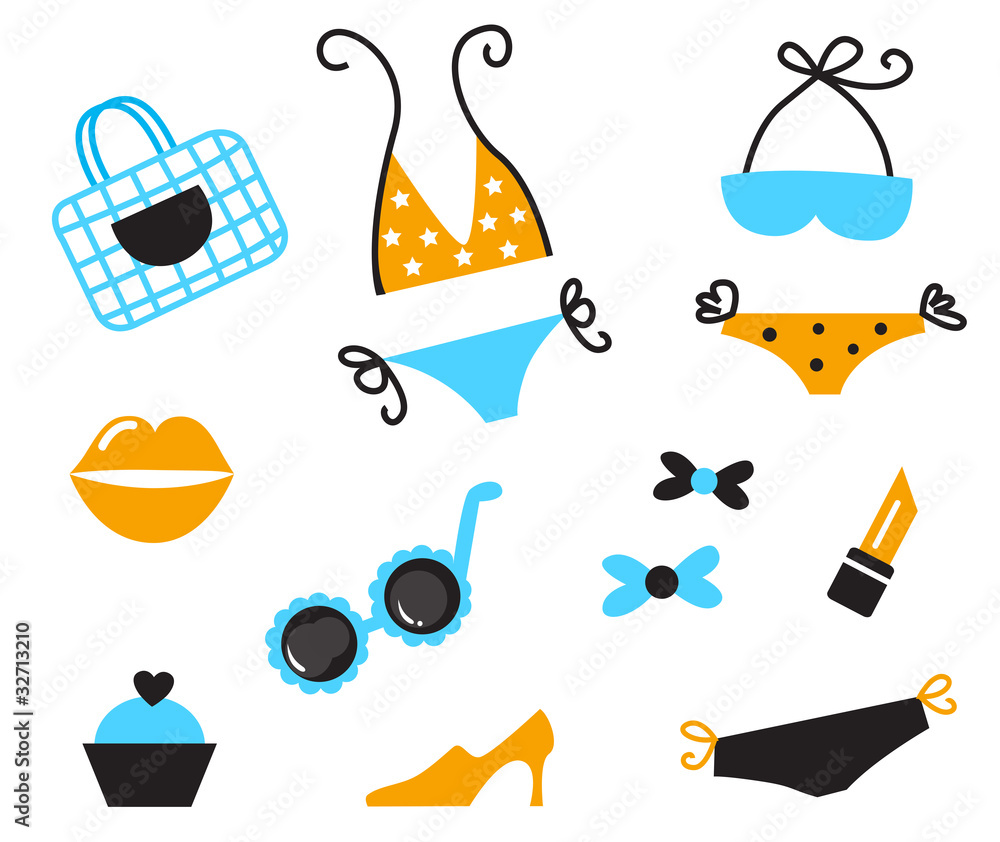 Retro Bikini Icons And Accessories Isolated On White Vector Vector De Stock Adobe Stock