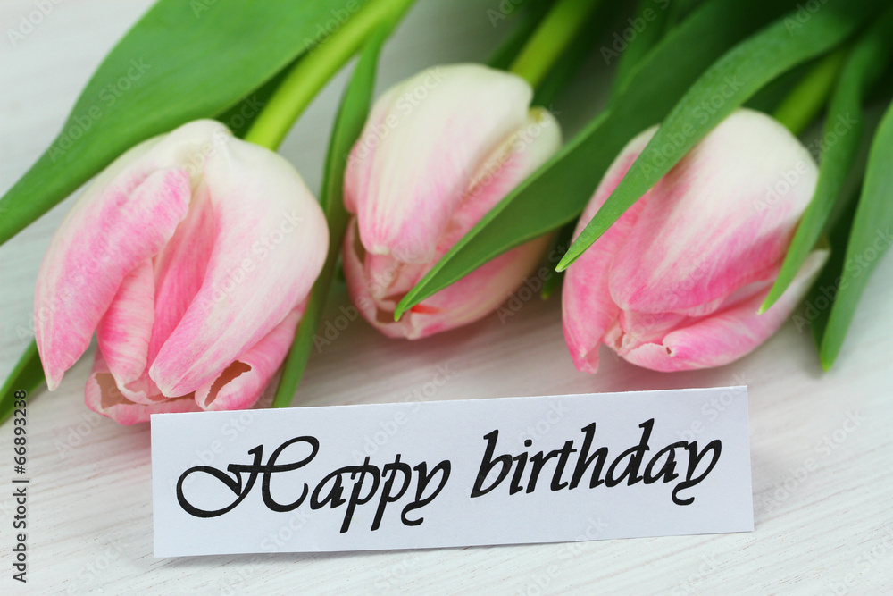 Happy Birthday Card With Pink Tulips Stock Photo Adobe Stock