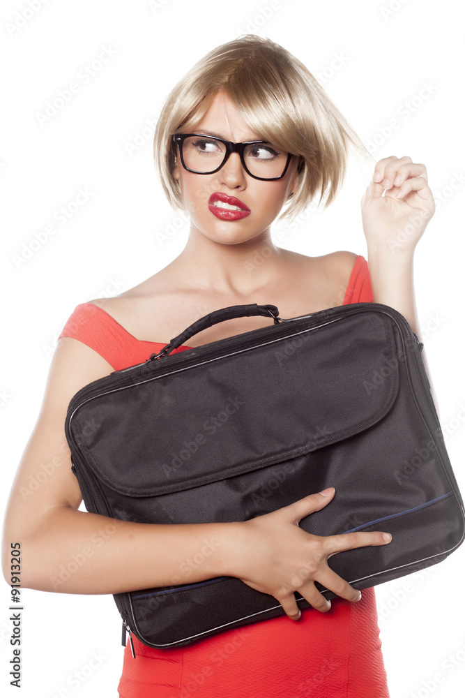 Worried Blonde With Short Hair And A Laptop Bag Stock Photo Adobe Stock