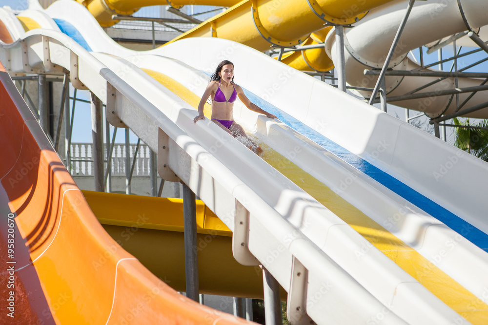 Girl In Bikini Sliding Water Park Stock Photo Adobe Stock