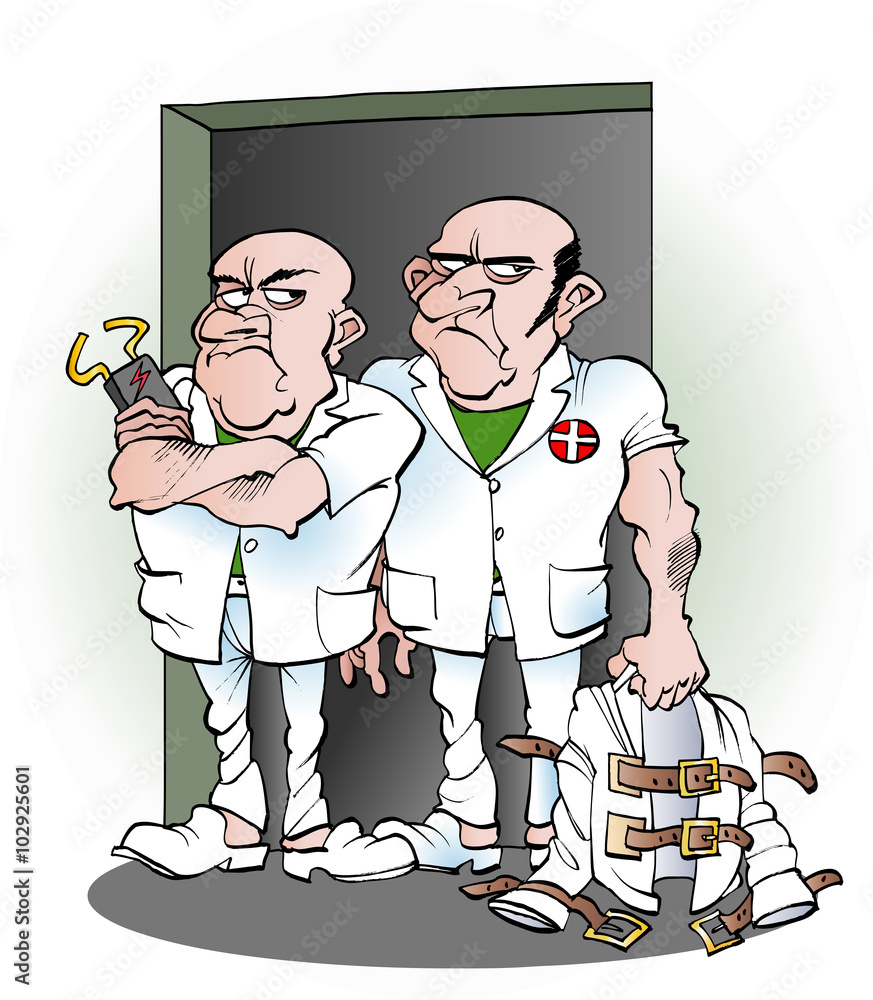 Vector Cartoon Illustration Of Two Carers From The Mental Hospital