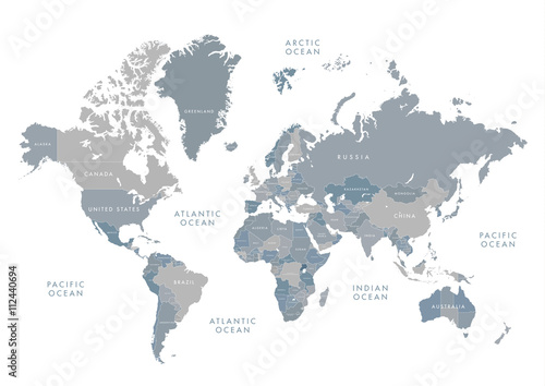 Highly detailed world map with labeling. Grayscale vector illustration.