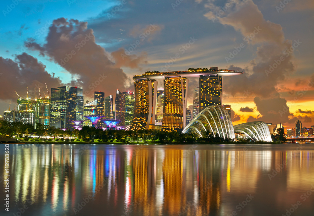 Skyline of Singapore city. Sunset background