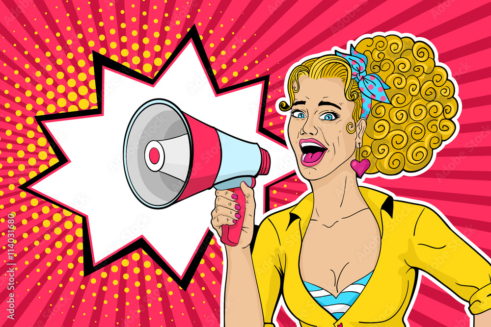 Sexy Blonde Pop Art Woman With Open Mouth And Megaphone Speaking Vector Background In Comic