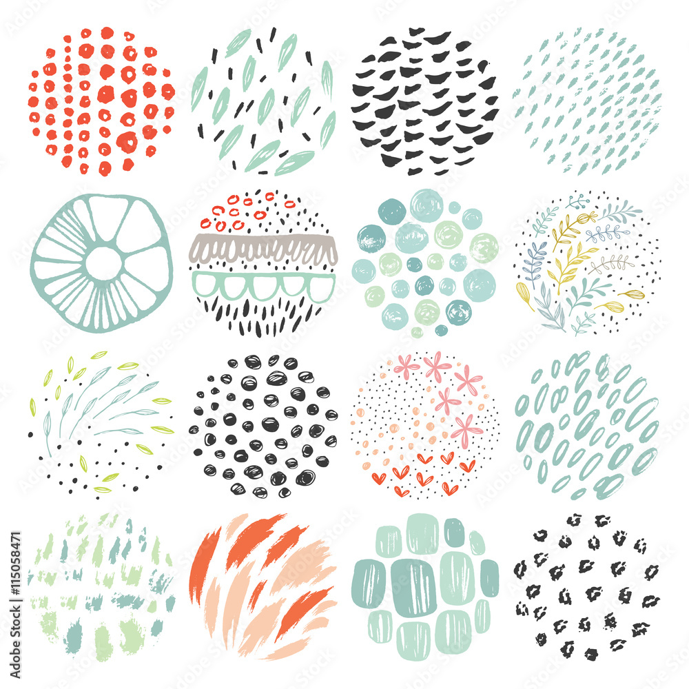 Hand drawn circular textures and grunge doodle elements. Good for creative and greeting cards, posters, flyers, banners and covers. 