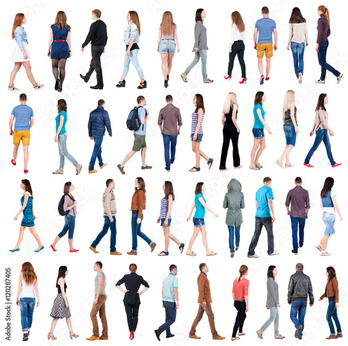 collection back view of walking people . going people in motion set. backside view of person. Rear view people collection. Isolated over white background.
