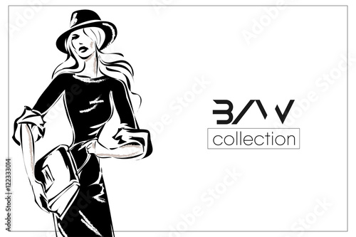 Black and white fashion woman model with boutique logo background. Vector illustration