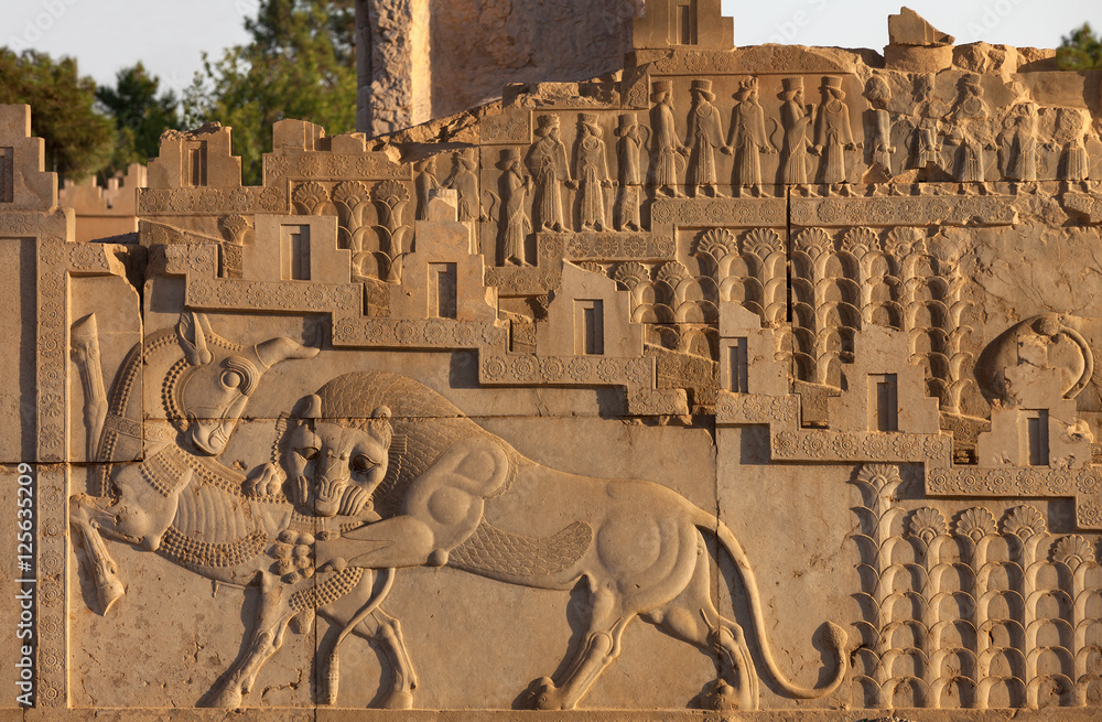 Embossed Bas Relief Of Combat Between Lion And Bull Carved On Staircase