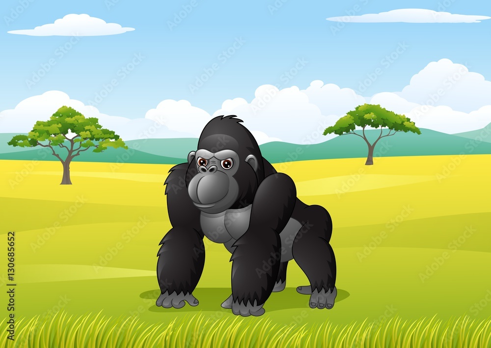 Cartoon gorilla in the savanna landscape