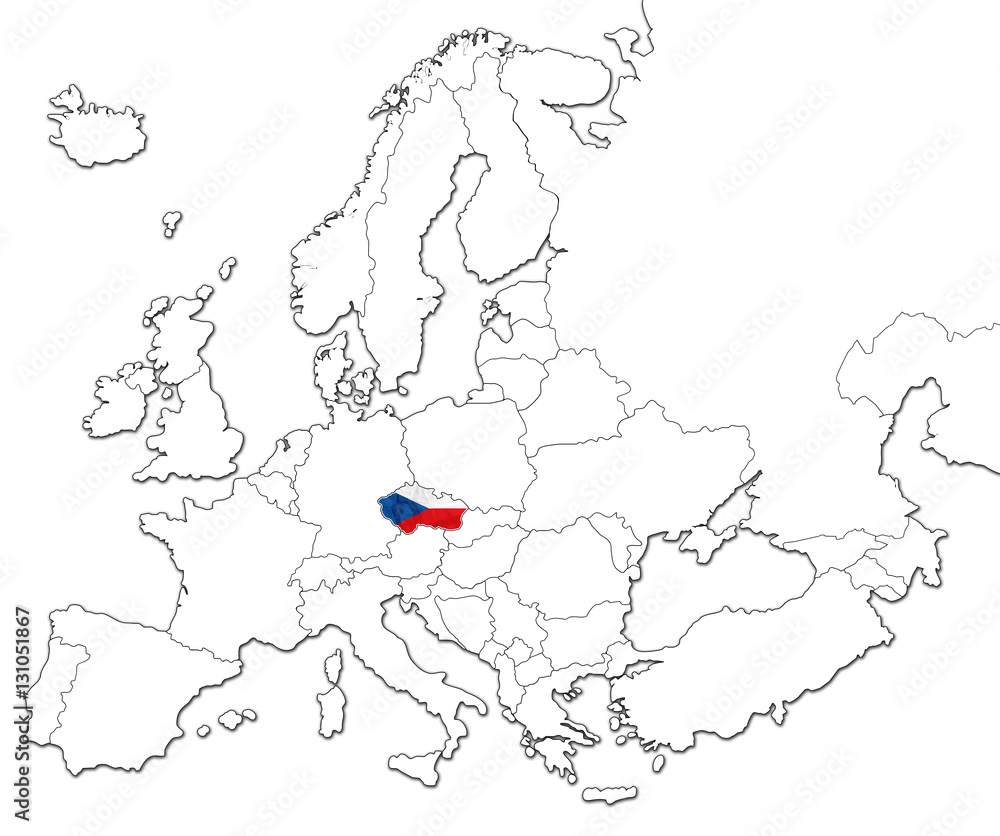 The National Czech Republic Flag In The Map Of Europe Isolated On White