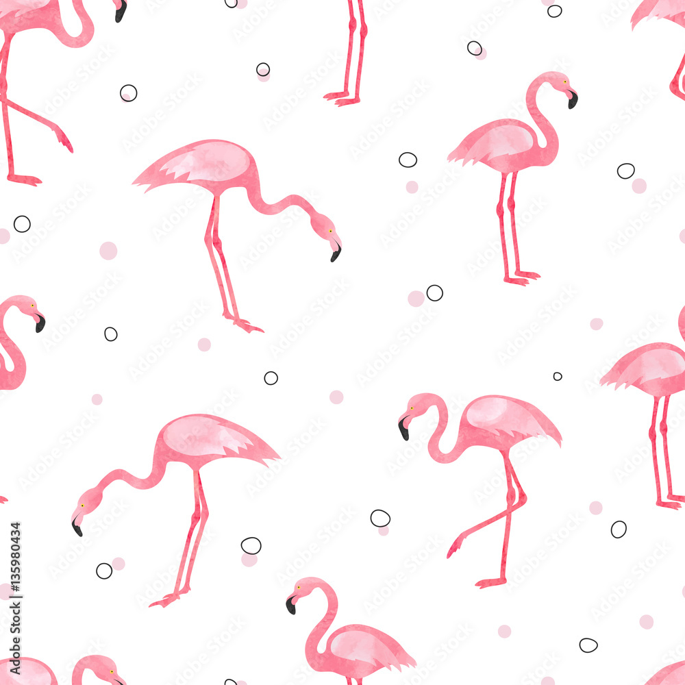 Watercolor pink Flamingo seamless pattern. Vector background design with flamingos for wallpaper, fabric, textile.