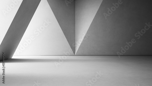 Abstract interior design of modern showroom with empty white concrete floor and gray wall background - 3d rendering