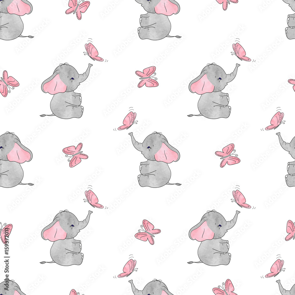 Seamless pattern with cute elephants and butterflies. Vector background for kids design. Baby print.