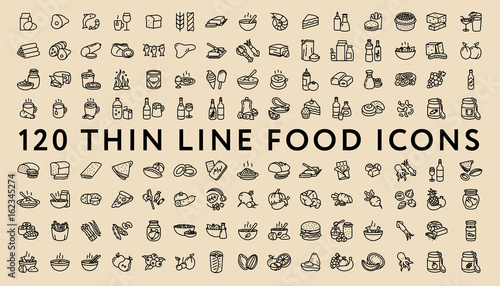 Big Set of 120 Thin Line Stroke Food Icons. Meat, milk, seafood, pasta, soup, bread, egg, cake, sweets, fruits, vegetables, drinks, nutrition, pizza, fish, sauce, cheese, butter, pie, nuts, snacks
