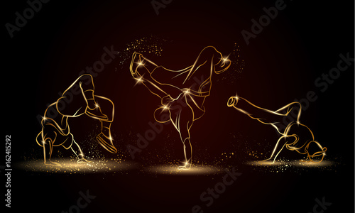 Golden linear b-boys dancers set on dark background. Hip hop dance background for poster and flyer.