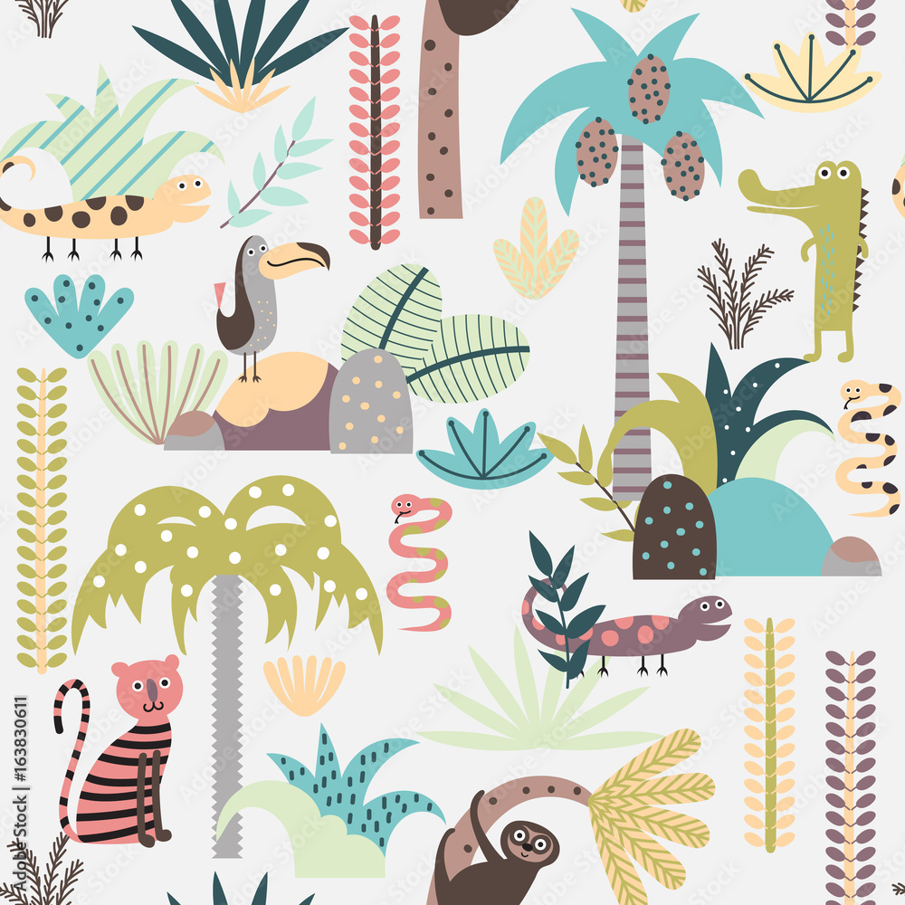 Seamless background with cartoon jungle animals