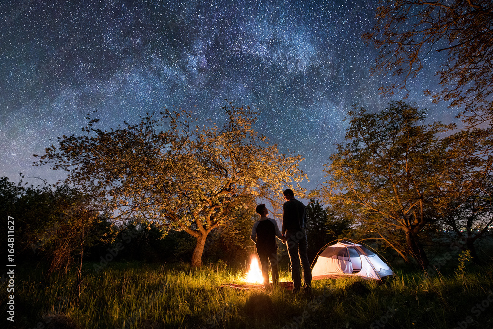 Rear View Of Romantic Couple Tourists Standing At A Campfire Holding