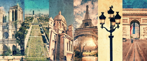 Paris France, panoramic photo collage vintage style, Paris landmarks travel and tourism concept