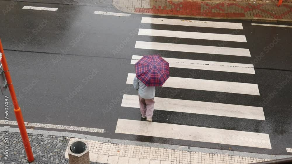 Old Man Crossing The Pedestrian Crossing In The Rain Top View Stock