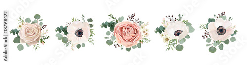 Vector floral bouquet design: garden pink peach lavender creamy powder pale Rose wax flower, anemone Eucalyptus branch greenery leaves berry. Wedding vector invite card Watercolor designer element set