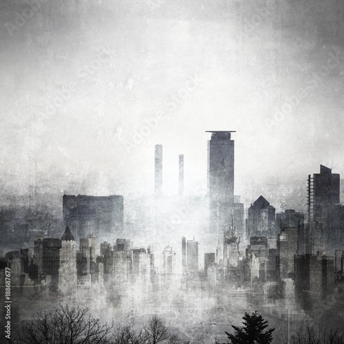 Grunge black and white city skyline with copy space.