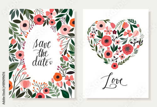 Save the date floral cards collection with hand drawn flowers and plants