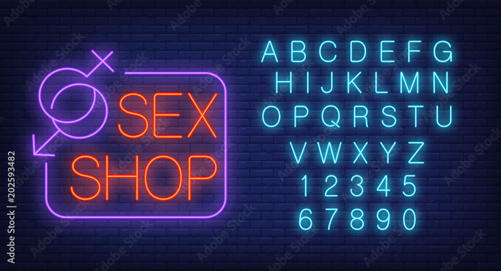 Sex Shop Lettering With Male And Female Gender Type Symbols English Alphabet And Numbers Neon