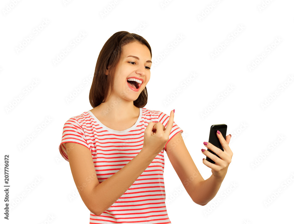 The Spiteful Smiling Girl Shows The Middle Finger In The Phone Fuck