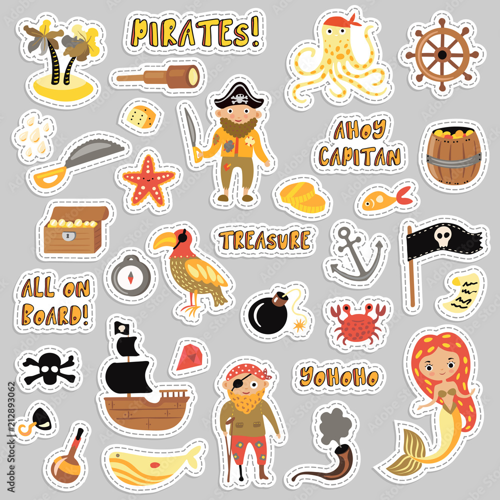 Set Of Pirates Vector Cartoon Stickers Adventures And Pirate Party