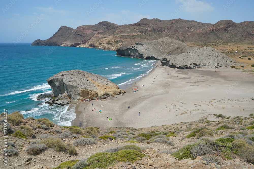 Sandy Beach And Rock Formation On The Sea Shore Playa De M Nsul In The