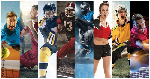 Sport collage about soccer, american football, basketball, tennis, boxing, ice and field hockey, table tennis