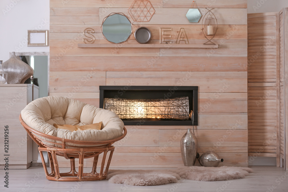 Cozy Living Room Interior With Comfortable Papasan Chair And Decorative