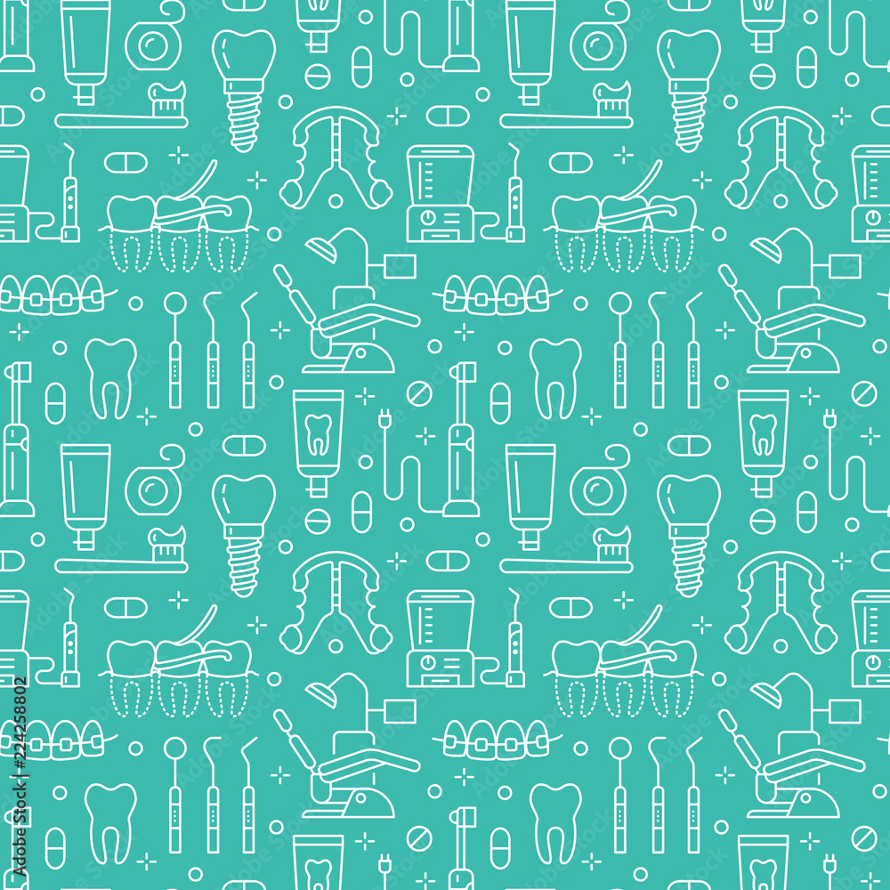 Dentist Orthodontics Blue Seamless Pattern With Line Icons Dental