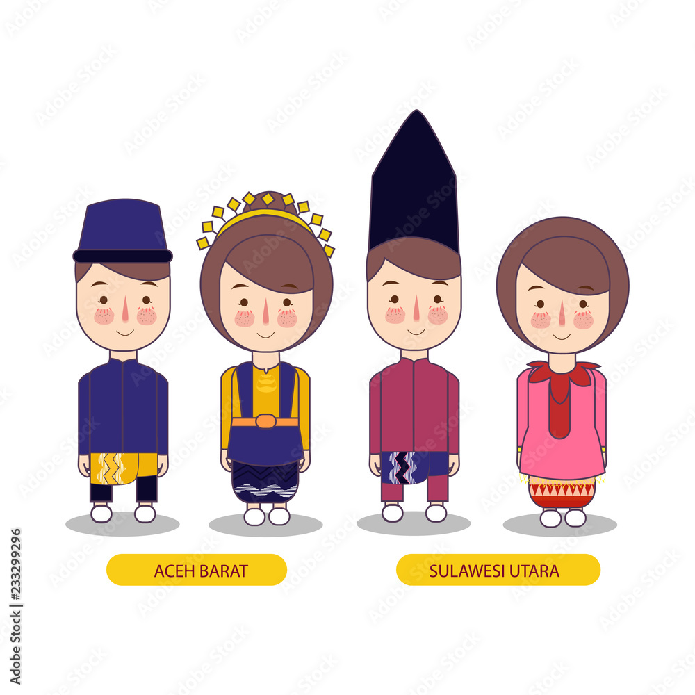 Aceh Barat And Sulawesi Utara Traditional National Clothes Of Indonesia