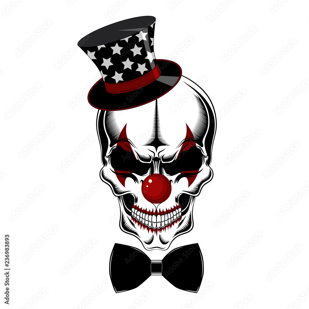 Clown Skull In Hat With Stars And Bow Tie Black And White Vector Image