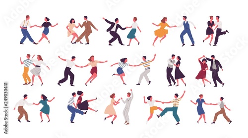 Bundle of pairs of dancers isolated on white background. Set of men and women dancing Lindy hop or Swing. Male and female cartoon characters performing dance at school or party. Vector illustration.
