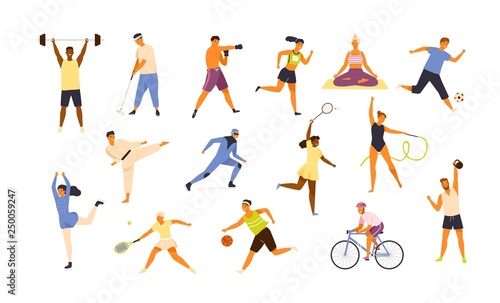 Collection of cute funny men and women performing various sports activities. Bundle of happy training or exercising people isolated on white background. Vector illustration in flat cartoon style.