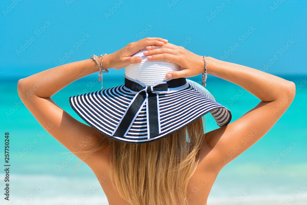 Fit Girl On A Tropical Beach With Hat Sexy Bikini Body Woman On