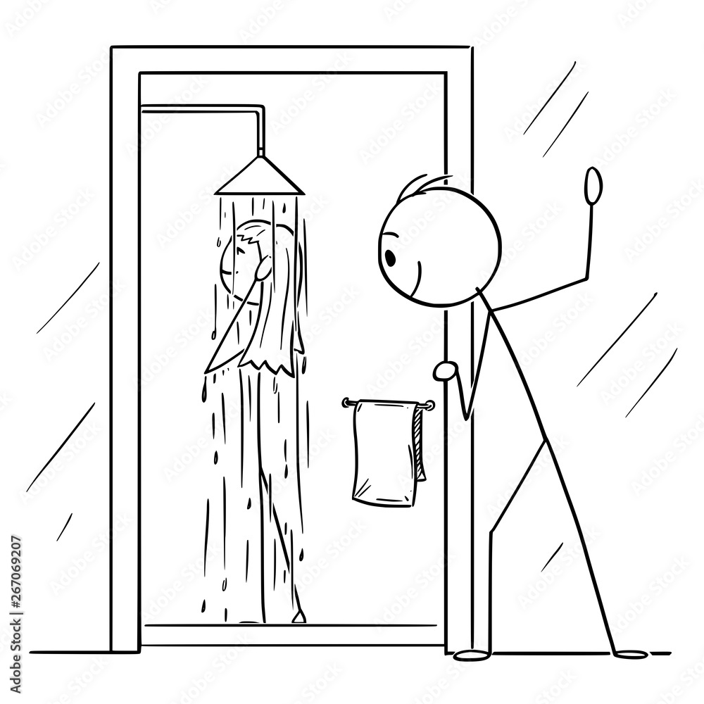 Vector Cartoon Of Curious Man Or Voyeur Watching Naked Woman Taking