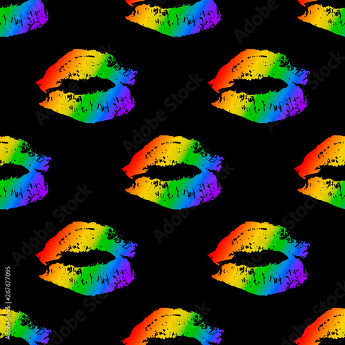 Rainbow Lipstick Kiss On Black Seamless Pattern Lgbt Community Background Gay Pride Vector