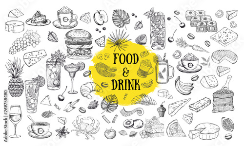 Vector set with food and drink hand drawn 