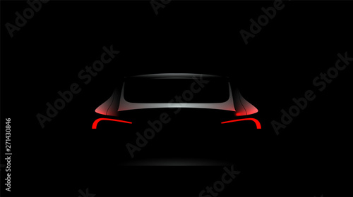 Back car silhouette with rear red lights on dark black background, wallpaper, banner template. Vector illustration.