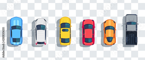 Cars set from above, top view isolated. Cute beautiful cartoon transport with shadows. Modern urban civilian vehicle. View from the bird's eye. Realistic car design. Flat style vector illustration.
