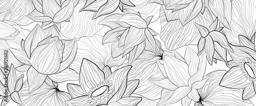 Set of vector white background with hand draw black solhouettes of lotus flower and leaves